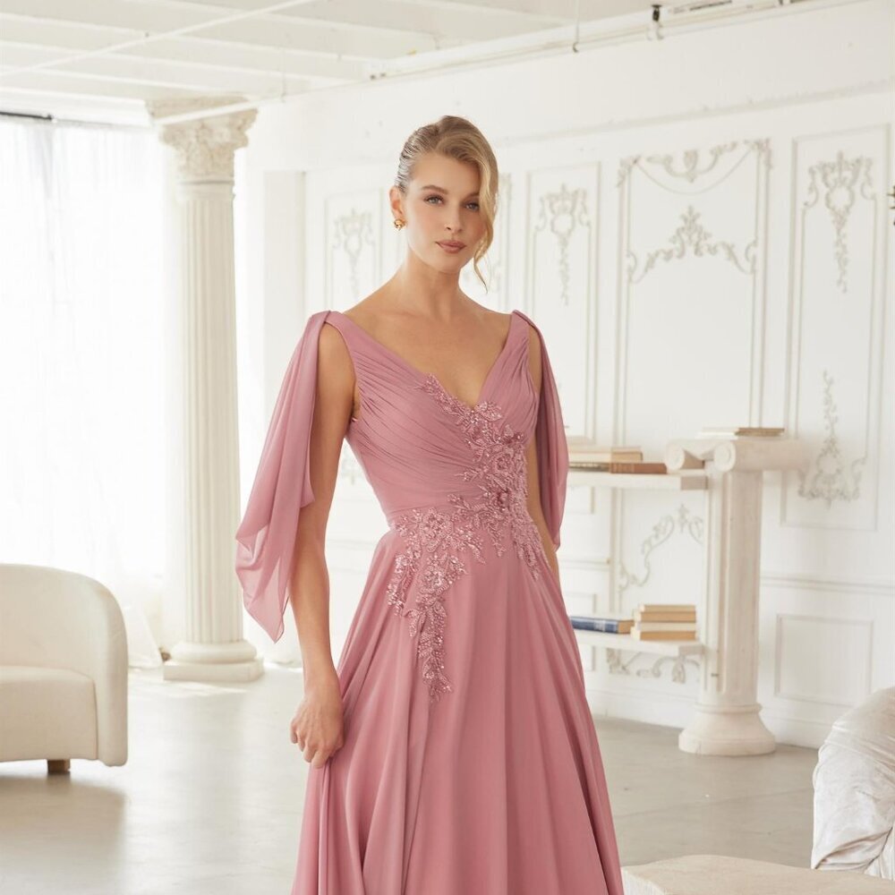 New Mauve V-Neck 3/4 Sleeve Floral Lace Mother Of Bride Chiffon Dress NX ME151